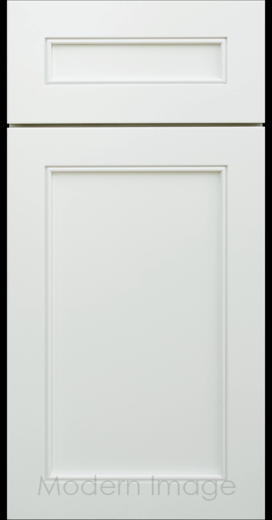 Highland Dew matte painted Shaker kitchen cabinet door with wide rails and a flat center panel.